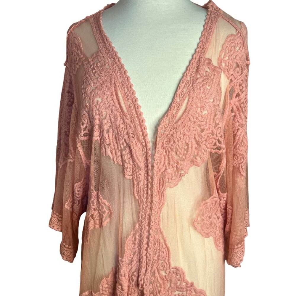 Pink Sheer Lace Kimono Cardigan Cover-Up Feminine 2XL-3XL Boho Long Elegant Sexy